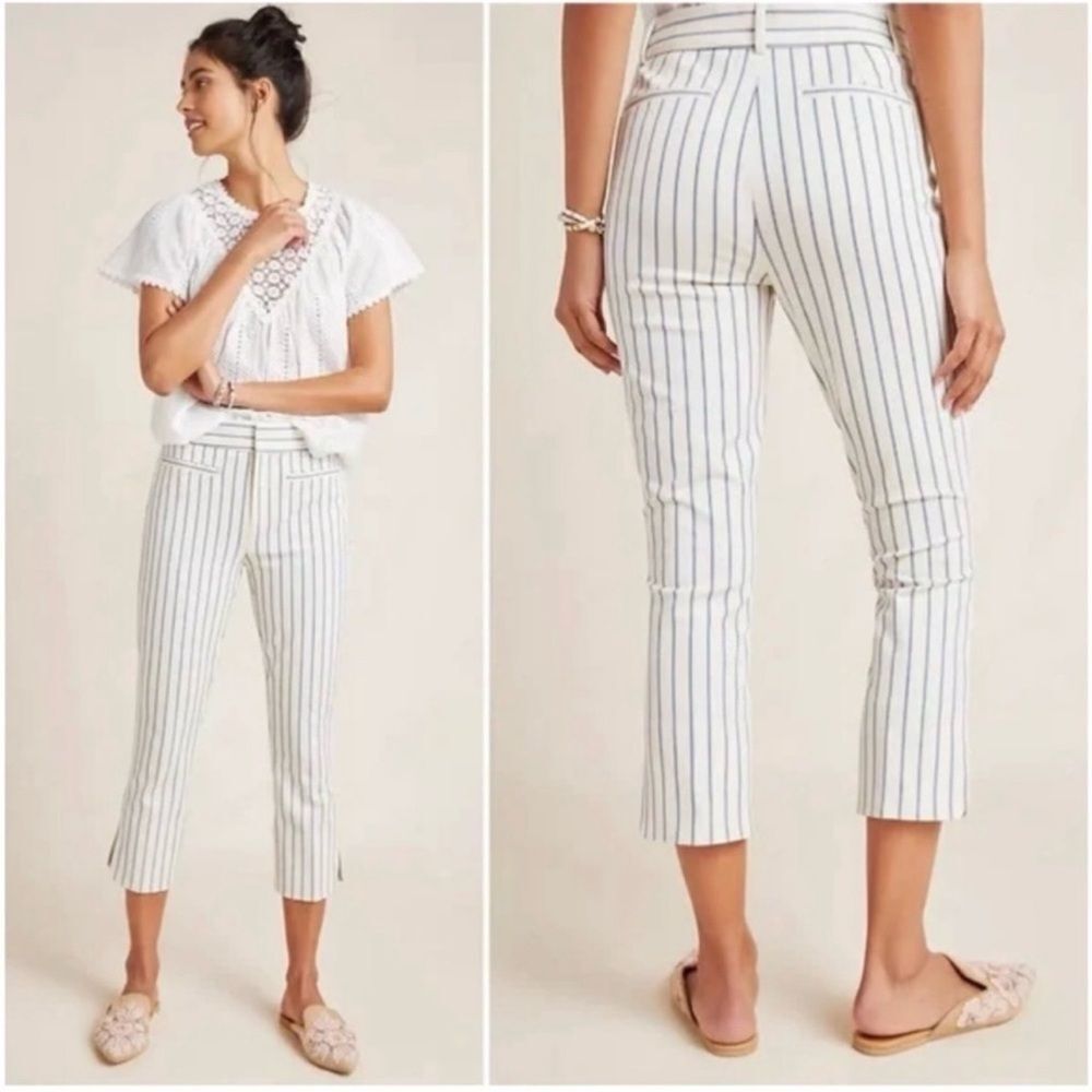 Anthropologie Essential Slim Crop Trouser Capri Pant ivory lavender stripes 10
